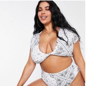 ASOS DESIGN CURVE DEEP PLUNGE TIE FRONT BIKINI TOP BANDANA TOP | SIZE 12